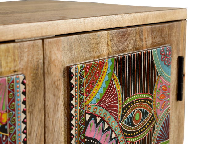 GINER Y COLOMER - Buffet 2 portes en bois de manguier naturel avec motifs ethniques peints à la main - 60 x 60 x 30 cm